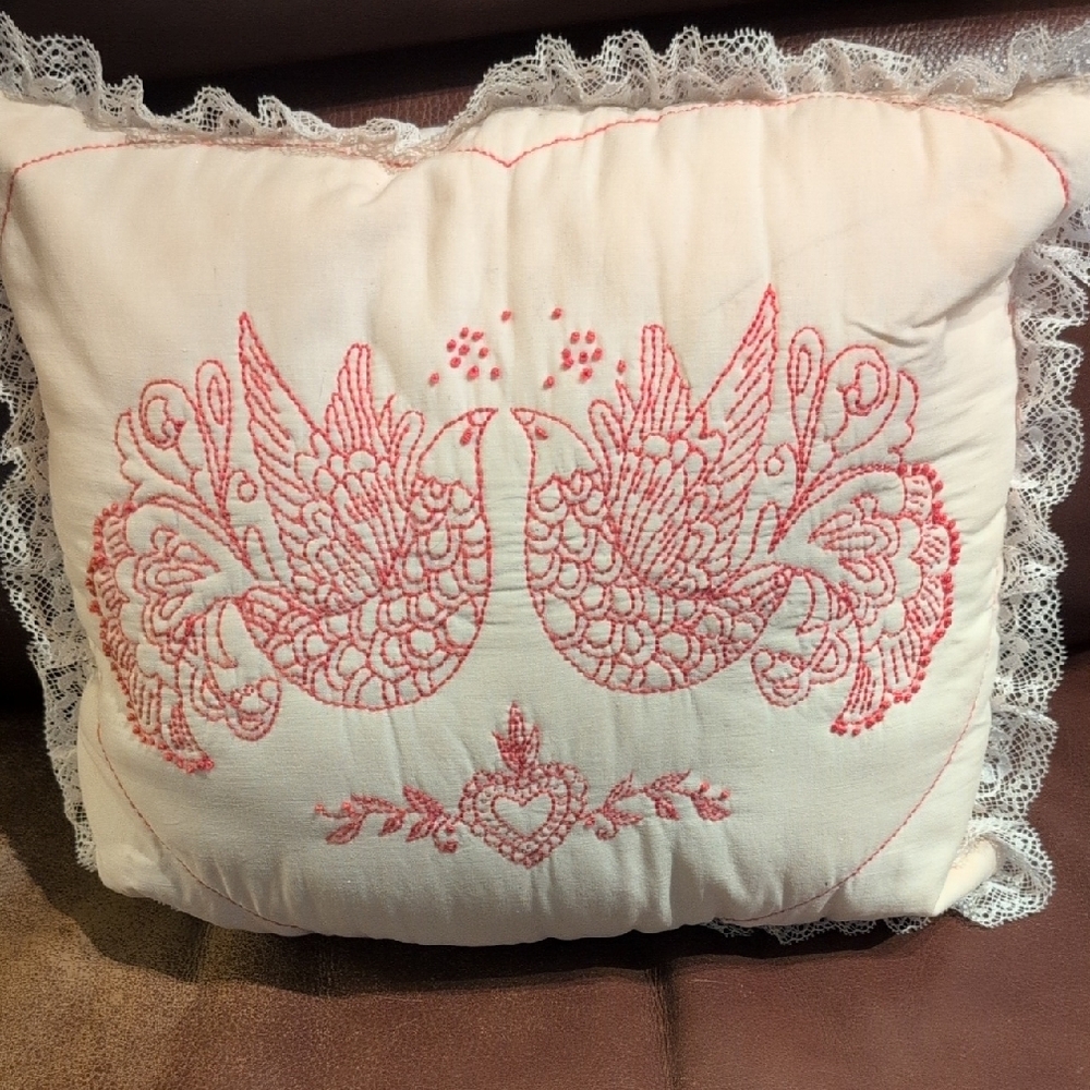 Embroidered Lace Accent Pillow - Pink and Cream
